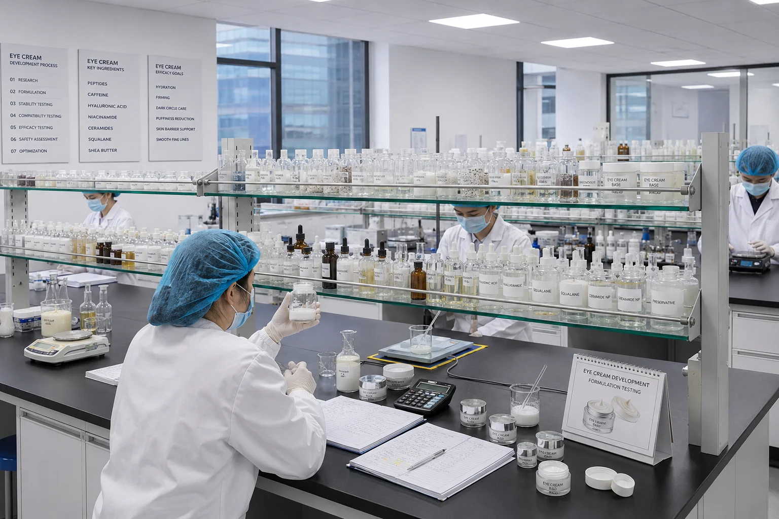 Scientists in a cosmetic laboratory testing eye cream formulations surrounded by shelves of labeled ingredients and lab tools.